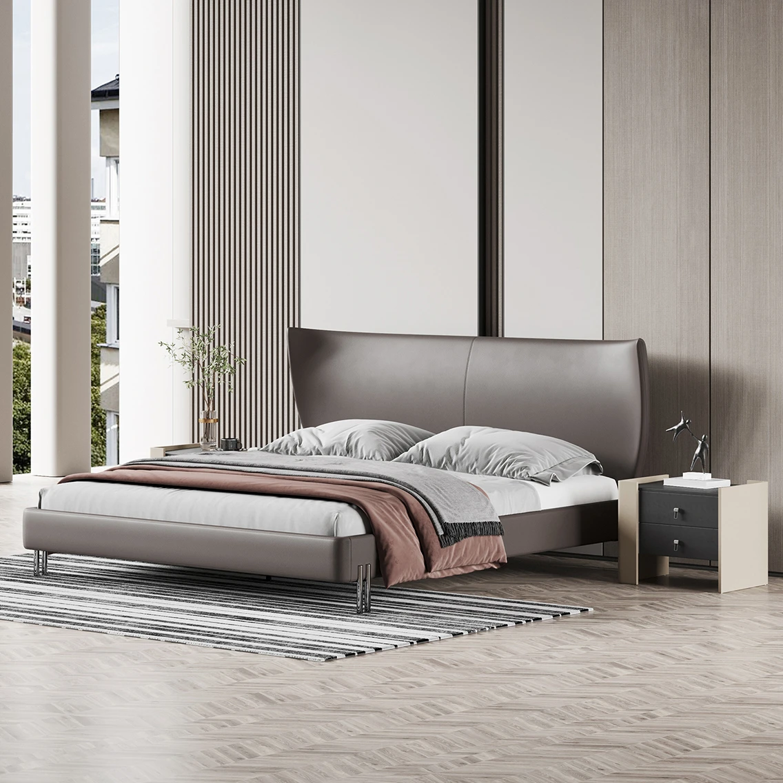 Nordic style king size leather bed hotel furniture steel base queen size double bed for master room modern bedroom leather beds