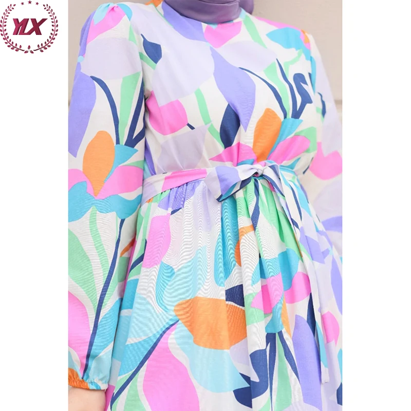 Crew Neck Women Muslim Casual Summer Muslimah Islamic Floral Silk Coffin Gamis Indonesia Hijab Dresses Abaya Dress