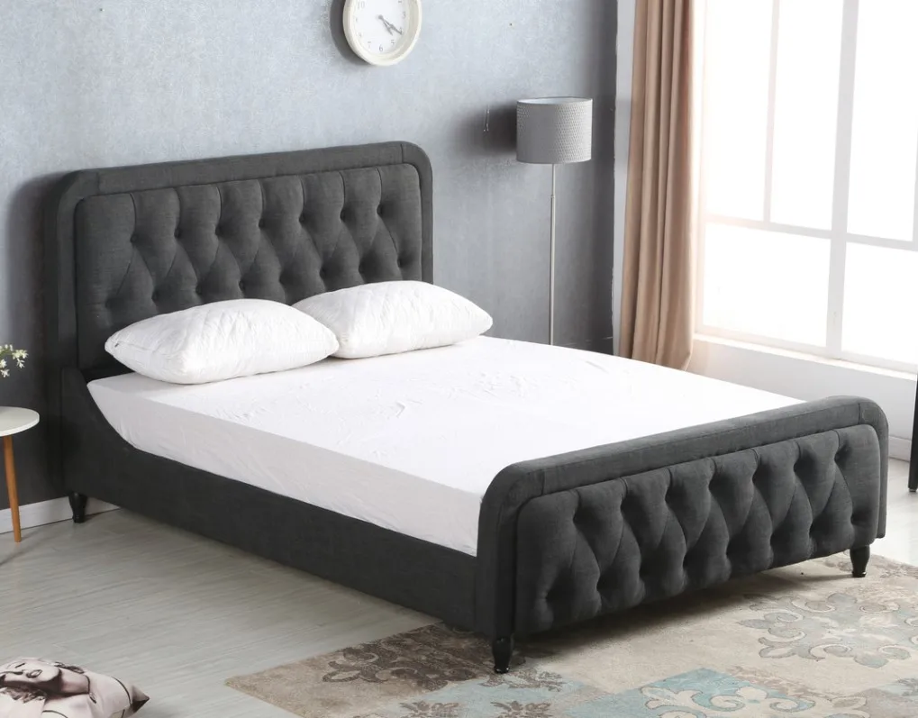 Latest double design slat wood bed Button Tufted Leather Upholstered Italian fabric Bed