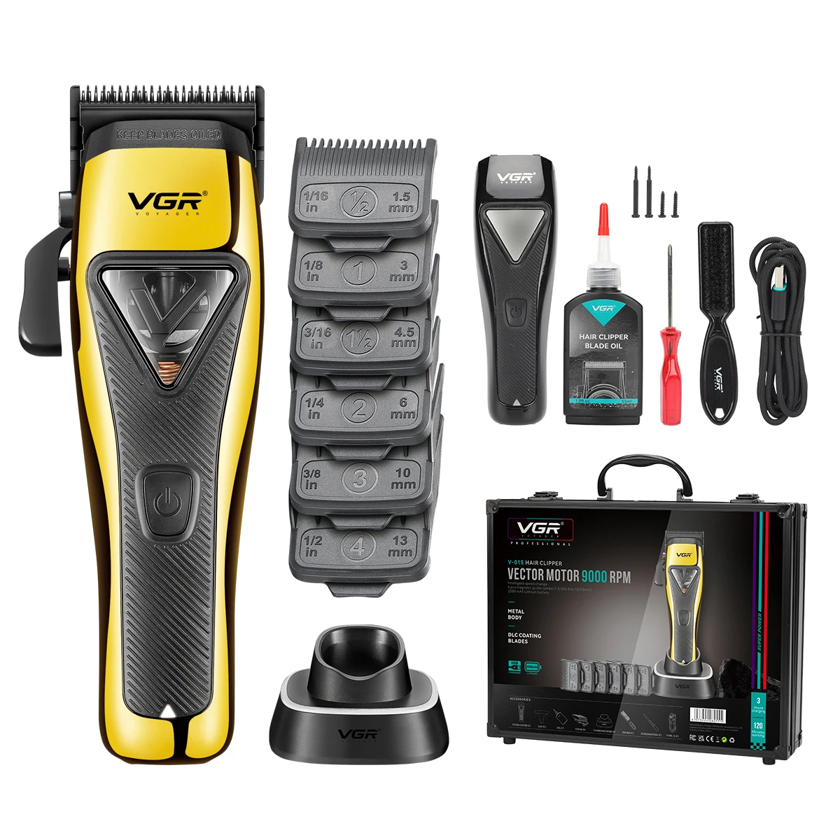 VGR V-015 DLC Blade Vector Motor 9000RPM Barber Rechargeable Professional Hair Clipper for Men