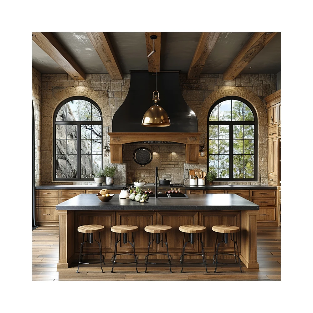 AI Creative Concept Design Traditional Gray Tonal Kitchen Space With Natural Stone Flake Style Design 3D Rendering Service