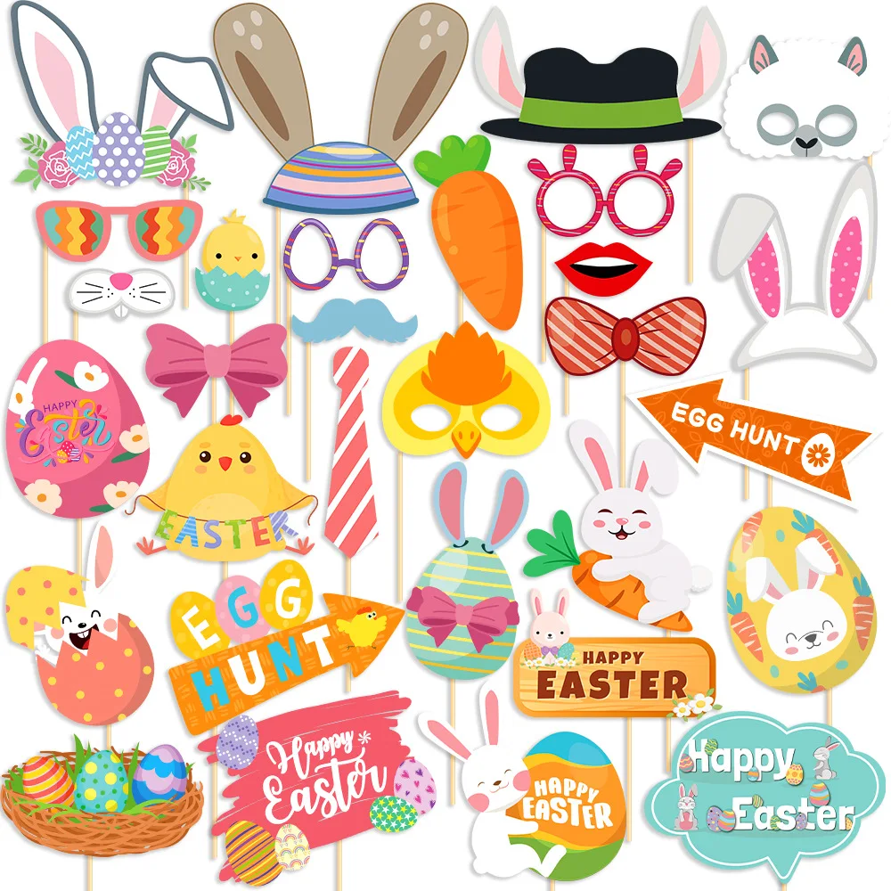 Good Price Happy Easter Photo Booth Props Bunny Eggs 25 PCS Party Selfie Props Kit with Sticks