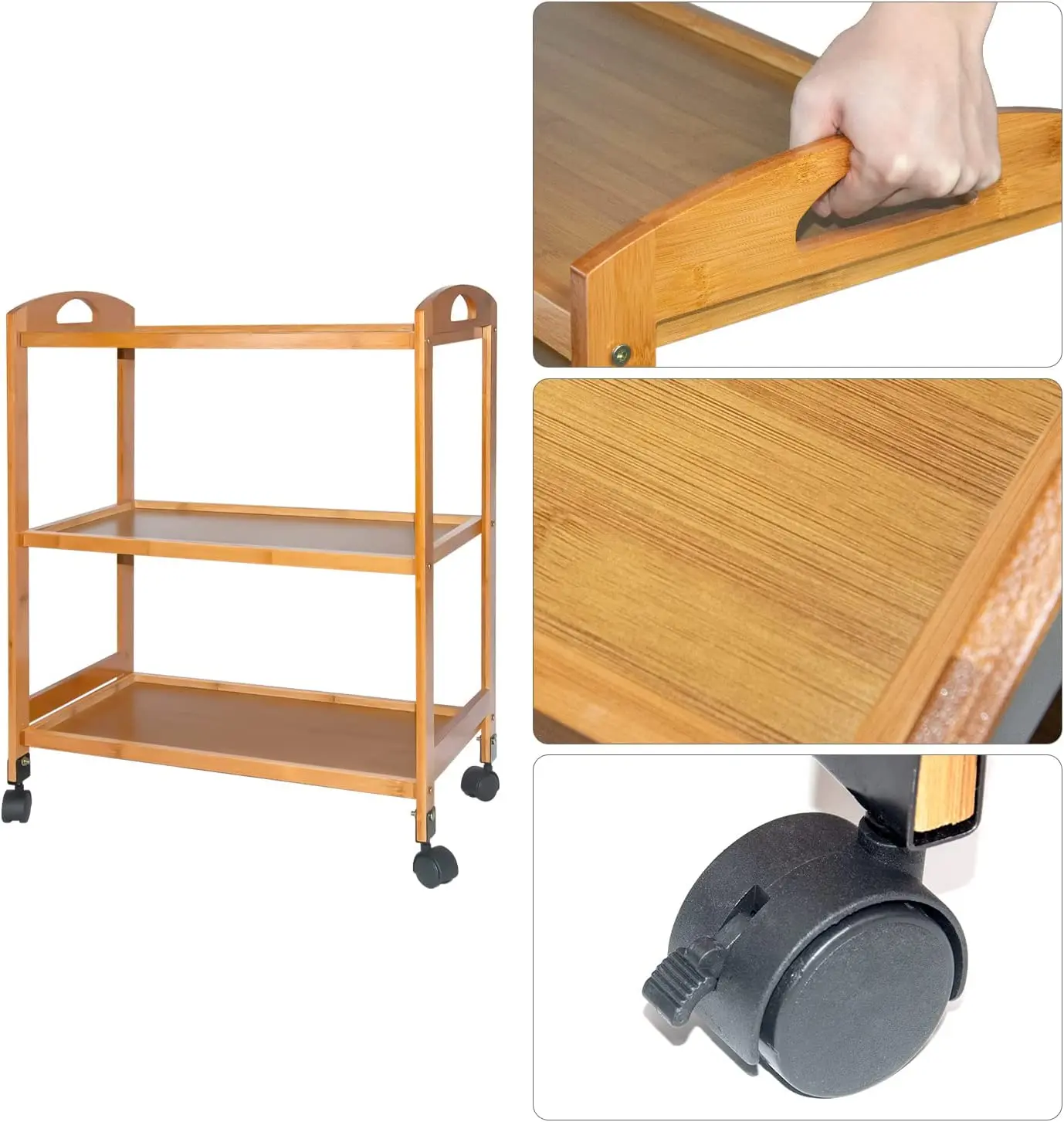 Bamboo Mobile Kitchen Trolley with 4 Lockable Wheels Wooden Storage Organizer Cart Bamboo Kitchen Serving Cart