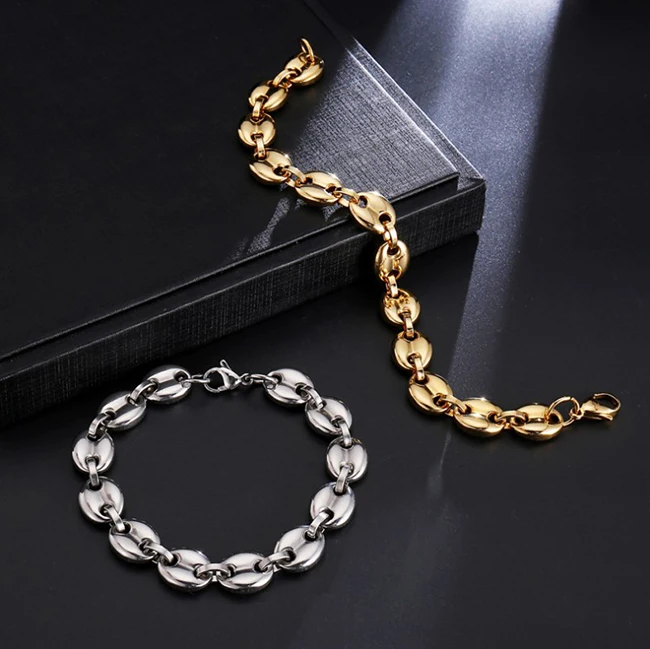  New Trending Punk Hip Hop Style Stainless Steel Chain Jewelry 18k Gold Plated Coffee Beans