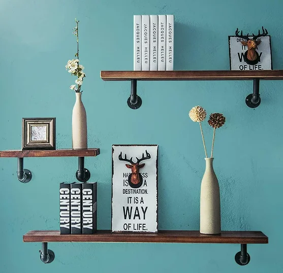 Multiple Sets Hangers of Industrial Style gi Malleable Iron Pipe Fittings Including Flange Elbow Nipples Used in Living Room