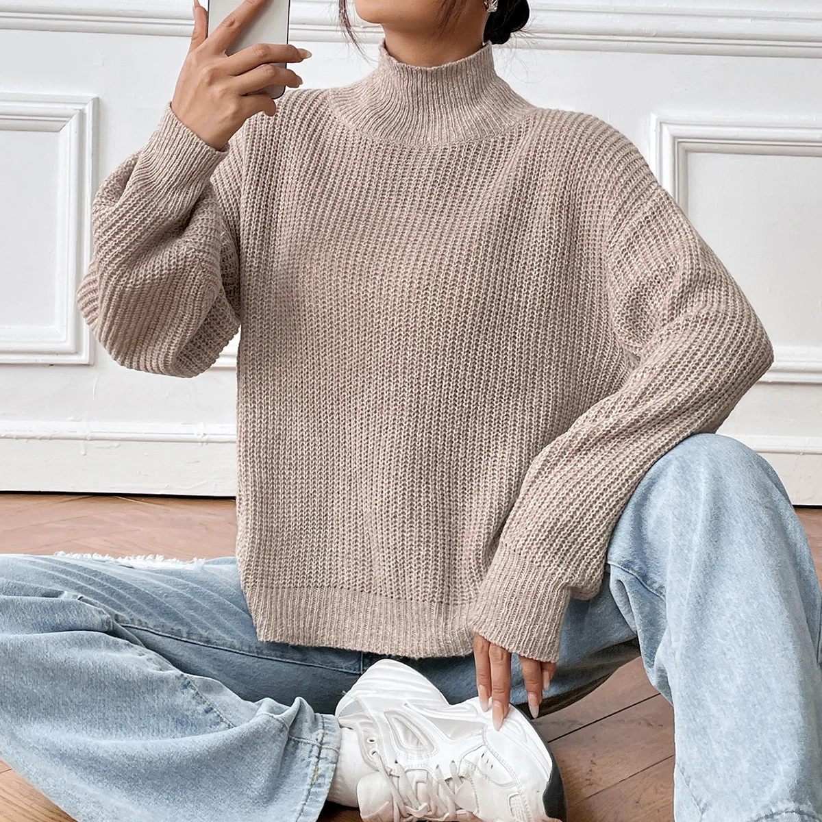 2024 Factory Pure Color Round Neck Cashmere Wool Blend Suit Rib Turtleneck Knitted Pullover Sweater For Women Casual Sweaters