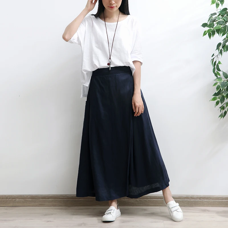 2023 New Long Maxi Elastic High Waist Women Skirt With Pockets Summer Casual A-line Linen Cotton Beige Skirts