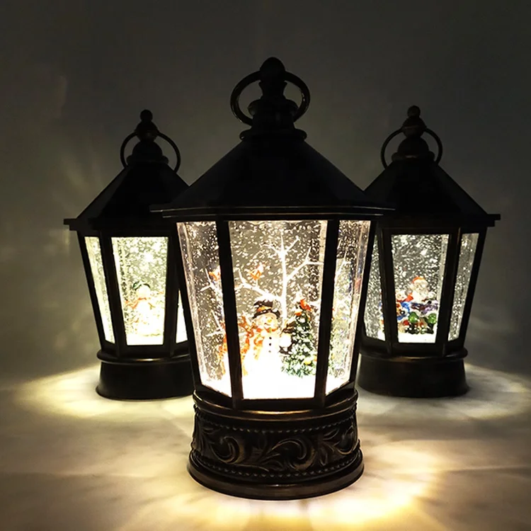 Hot Sale Hexagonal Lights Indoor Swirling Snow Globe Water Glitter Lantern Snowman Christmas Spinning Water Lantern