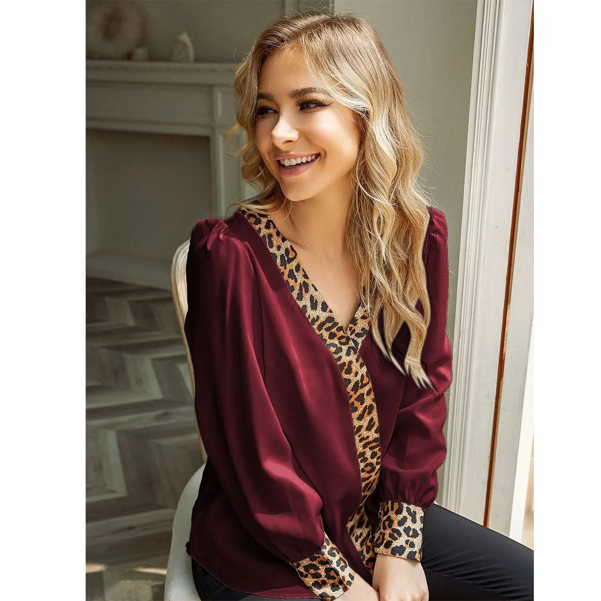 Популярные модные дешевые шелковые топы с контрастным леопардовым принтом и пышными рукавами, элегантная женская блузка