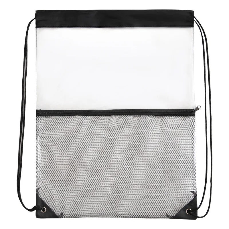 Factory Sale Clear Plastic Drawstring Bag Waterproof  Large Capacity PVC Backpack with Mesh Pocket