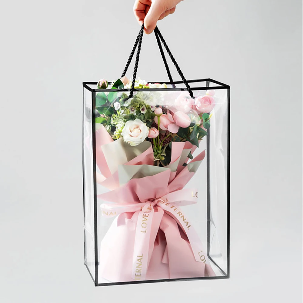 INUNION Wholesale Customized Flower Carry Bag Transparent Handbags Florist Decoration PVC Cute Flower Bouquet Packaging Bags