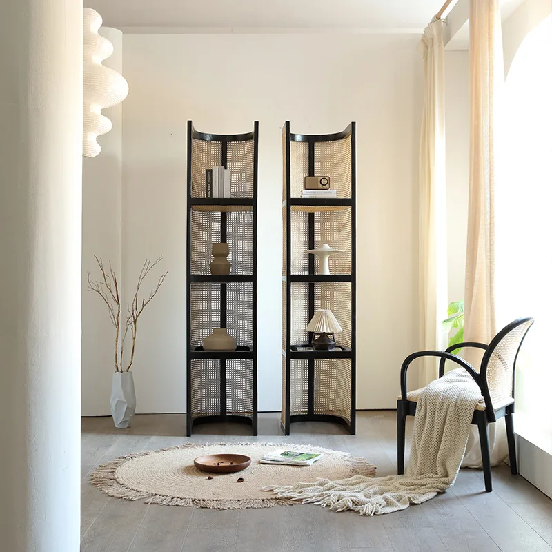 Dreamhause Solid Wood Black Rattan Shelf Living Room Multi-layer Floor Bookshelf Corner Cabinet Storage Wooden Display Shelf