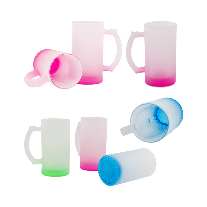 Multicolor DIY blank sublimation Crystal frosted 16oz Glass Beer Mug with handle for White Sublimation Transfer