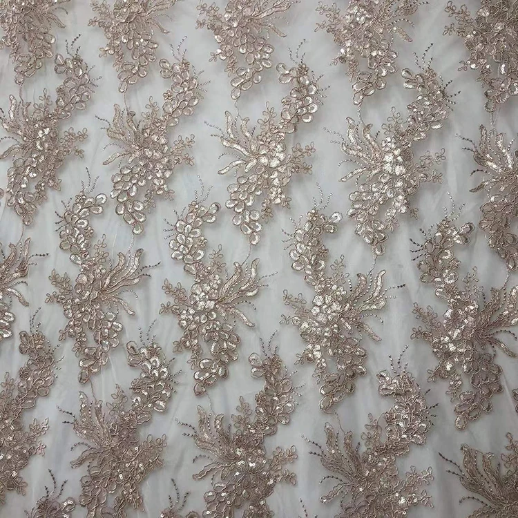 High end 3D mesh sequin embroidery fabric for wedding dress, 100% polyester embroidery fabric/