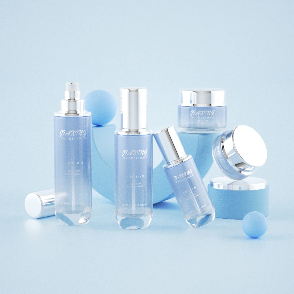 Luxury sky blue transparent 30g 50g 50ml 100ml 120ml glass cosmetic bottle and jar skincare packaging set with silver cap