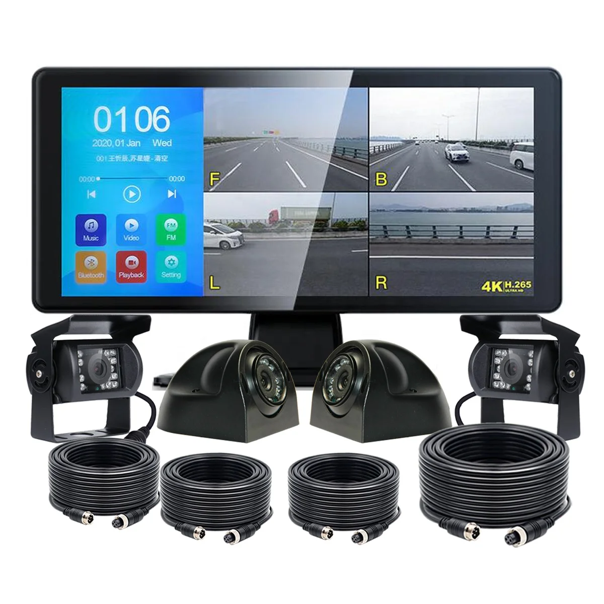 Aliotop Touch screen quad split with Recording IPS Monitor with MP5 BT CCD front side Rear view Camera kit