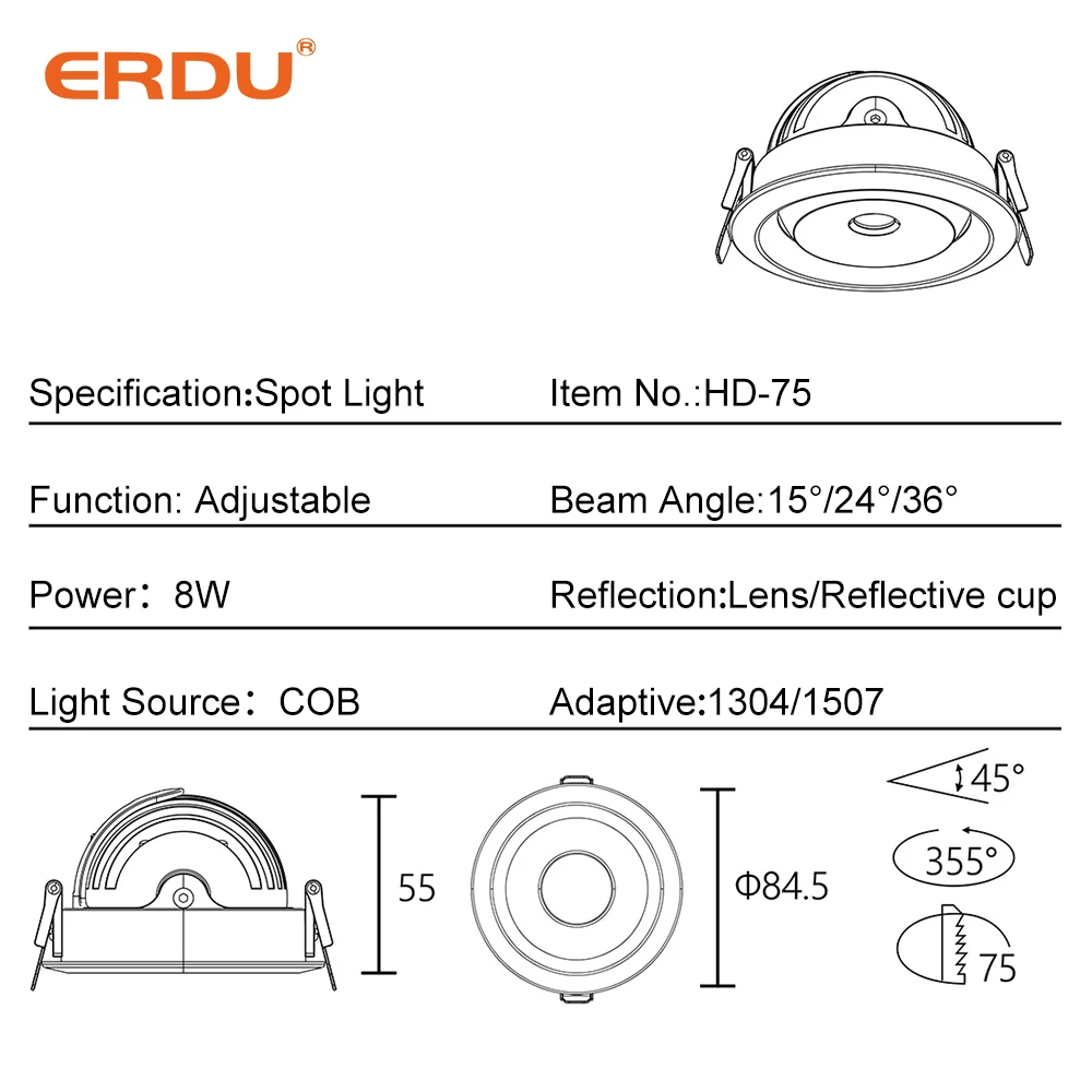 ERDU Led Embedded Downlight Spot Light 10w Wall Washer Modern Led Downlight