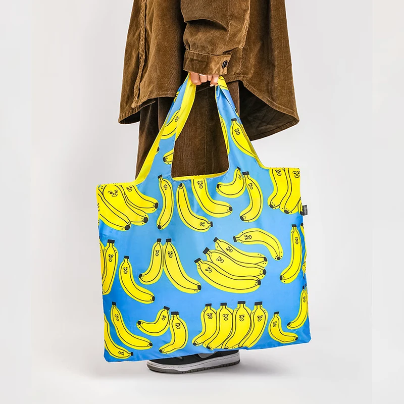 Custom Fruit Banana Art Printing Folding Nylon Tote Bags Reusable Waterproof Shopping Bag With Custom Logo
