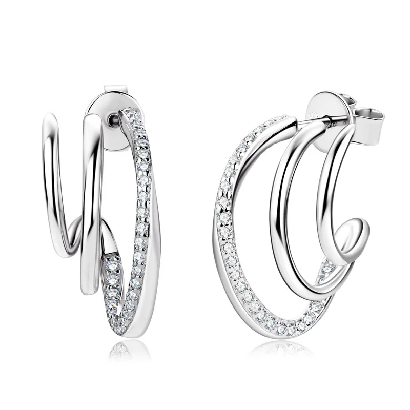 Wholesale Fashion S925 Sterling Silver Gold Plated Three Layer CC Shape Earrings Full Moissanite Hypoallergenic Women Stud