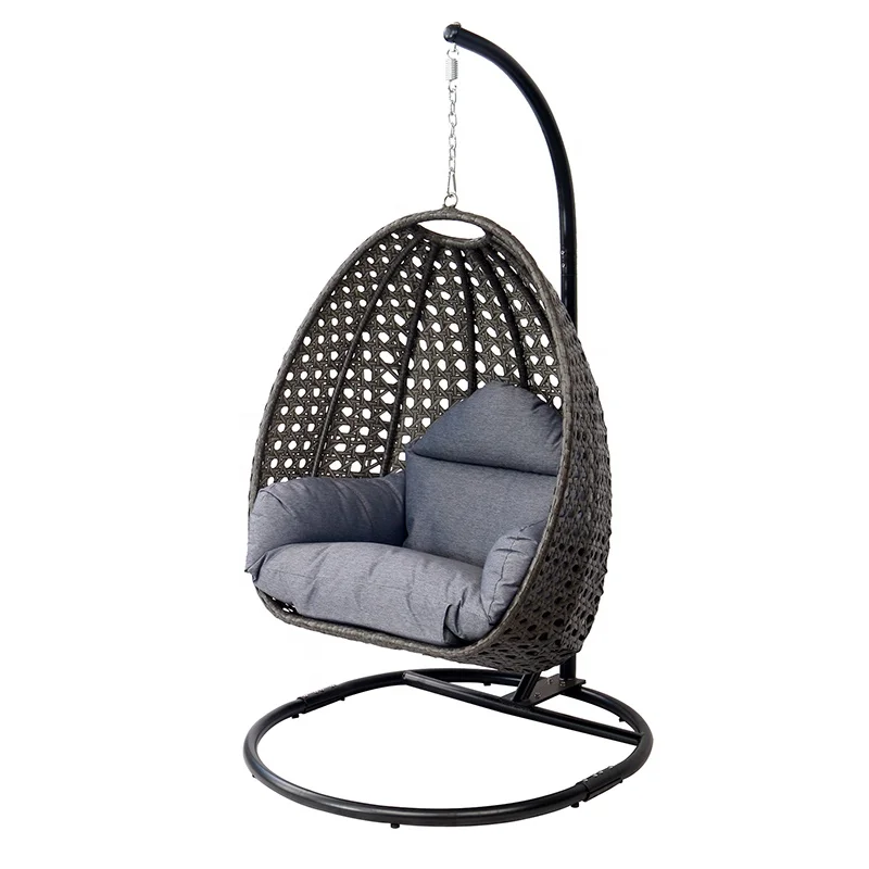 Egg Shape Black Patio Porch Wicker Furniture Outdoor Garden Rattan Hanging Basket Swing Chairs with Stand
