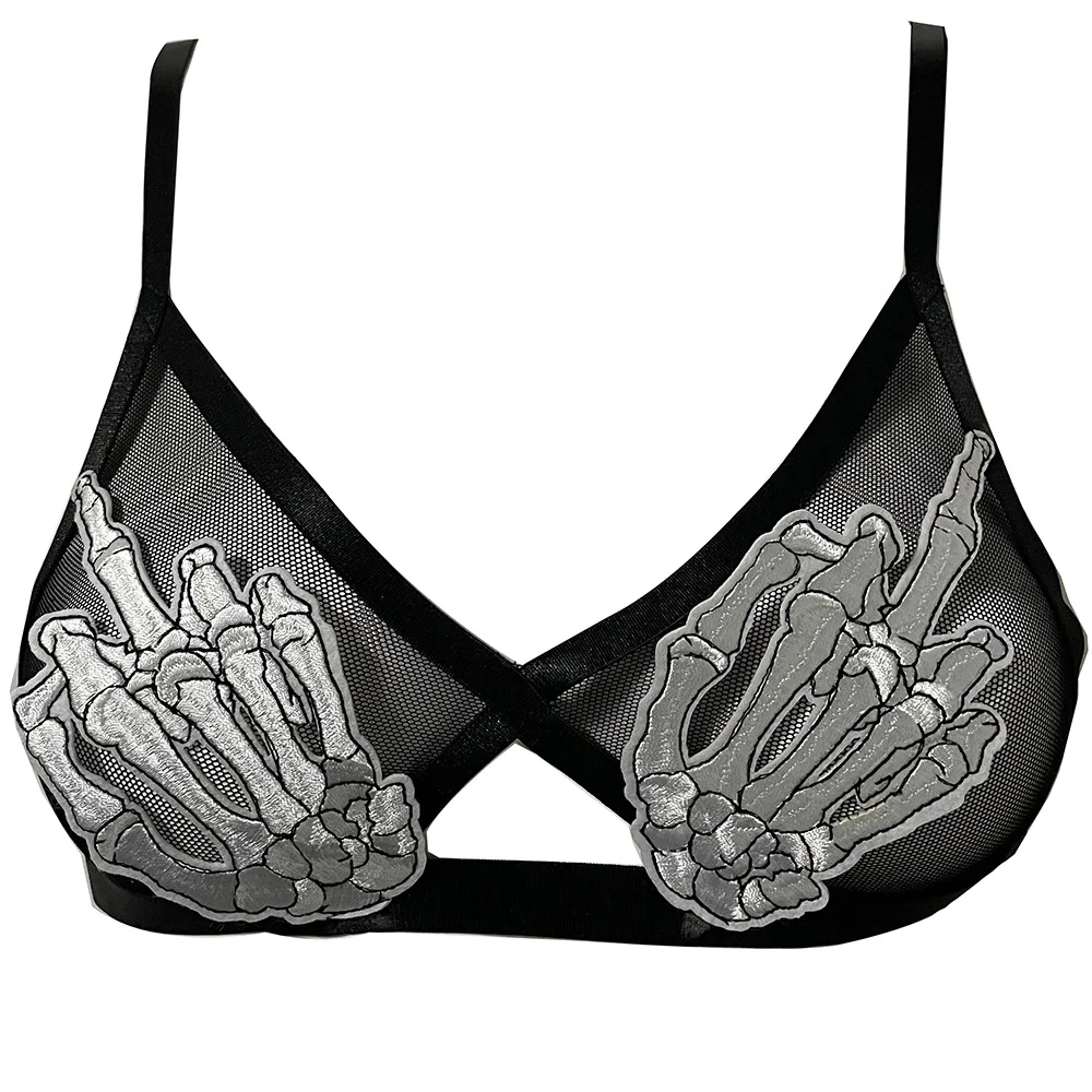 Women Gothic Black Lace Bra Halloween Skeleton hand See through Lingerie Crop Top Halloween rave Dance fetish bra