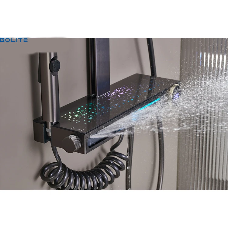Wall Mounted 5 Functions Gun Grey Brass Digital Intelligent Led 7-Color Atmosphere Ambient Light Piano Key Shower Mixer Faucet