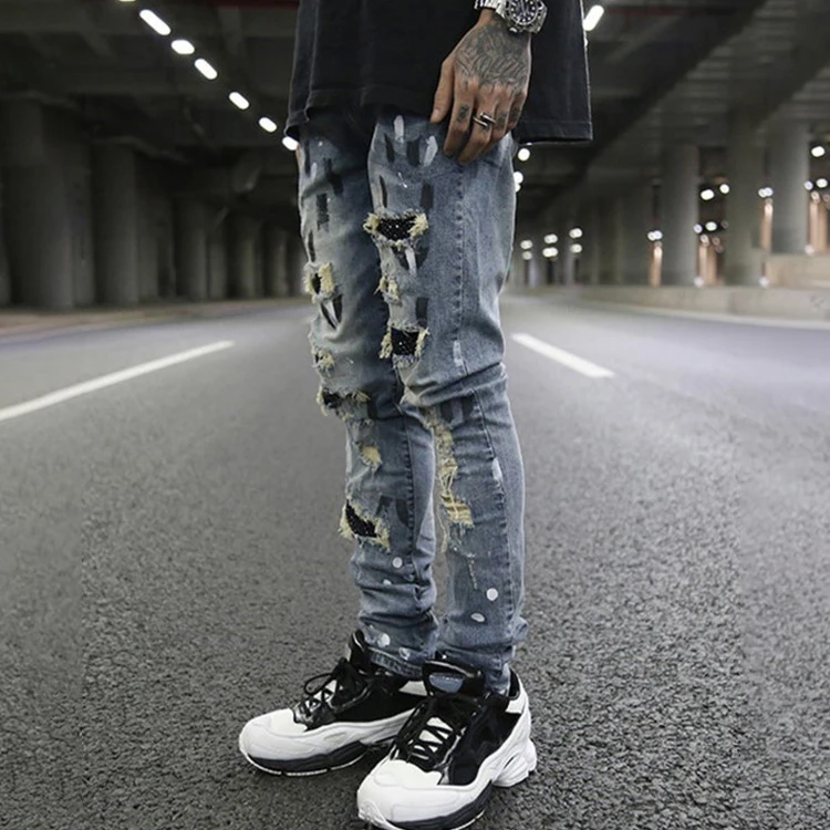 Wholesale Style Brand Italian Designer Rhinestone Skinny Jeans For Men