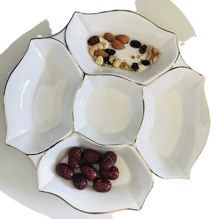 Household Gold White Porcelain Plate Ceramic Combination Dried Fruit Snack Plate Compartment Tray