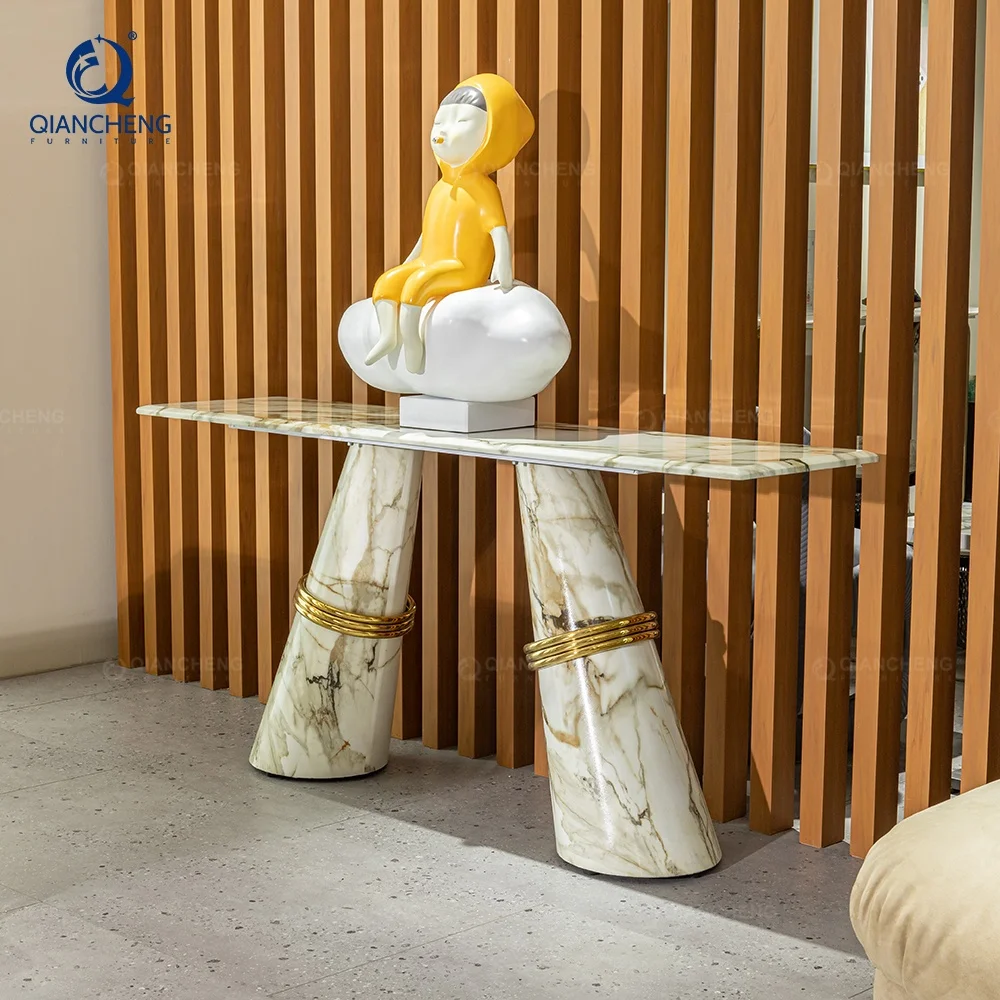 QIANCHENG foshan factory hallway decor living room real marble stone french country living room mirrored console table