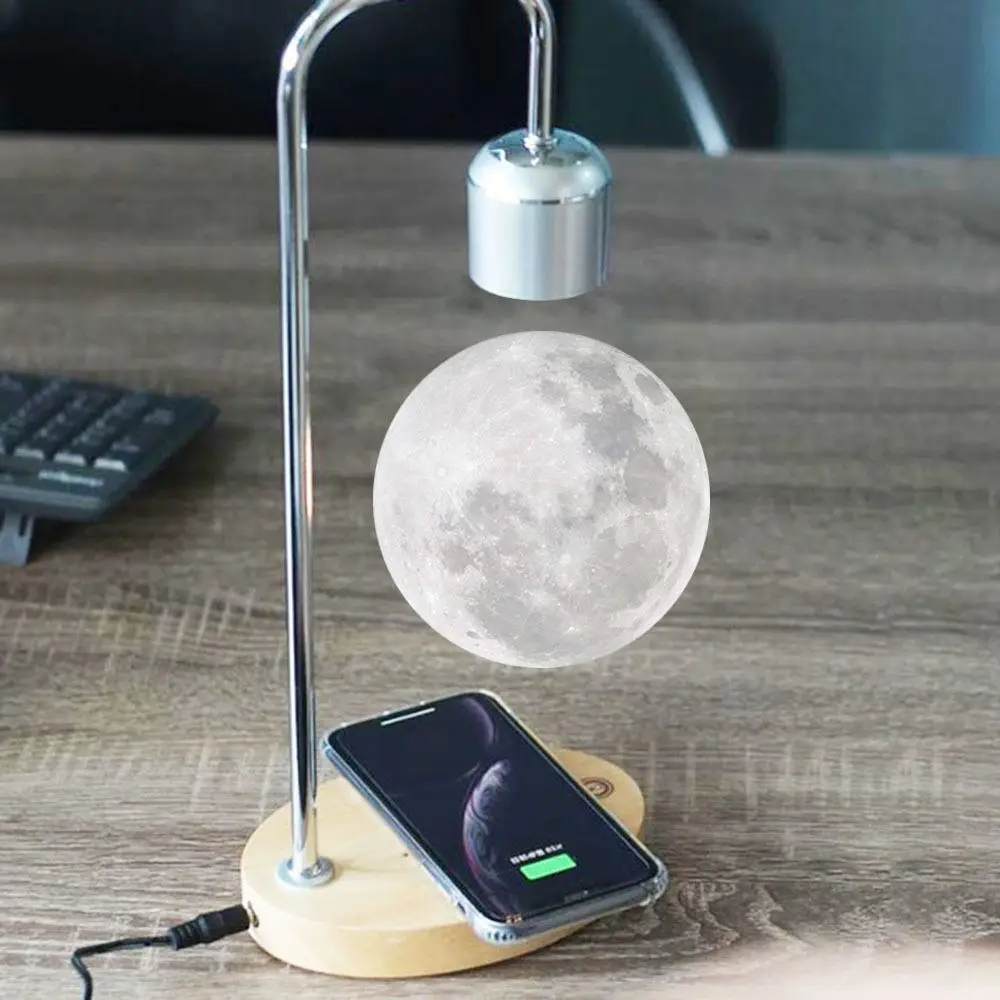 3D Printed Magnetic Levitating Moon Desk Light Study Reading Light Mobile Phone Wireless Charger Home Decor Table Lamp