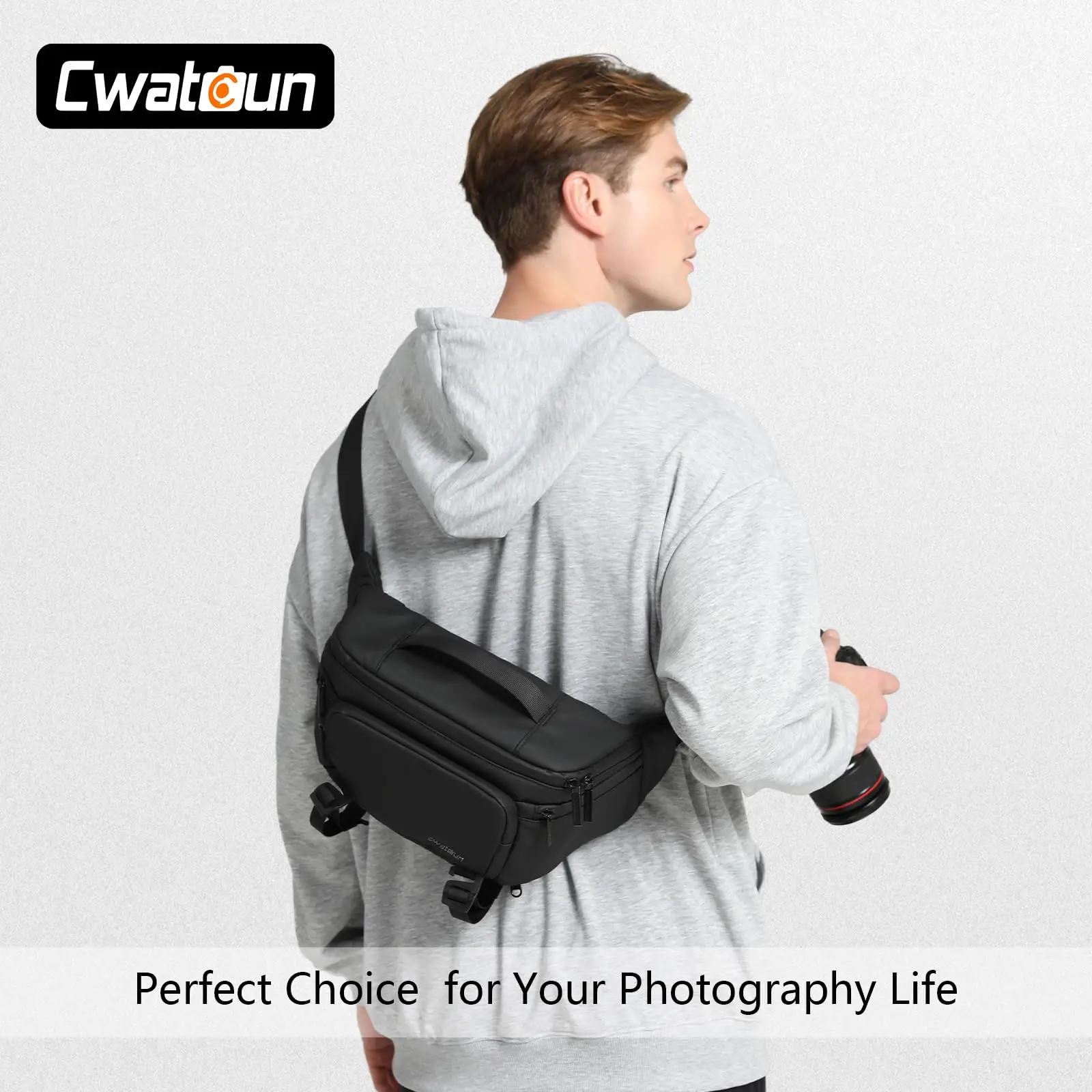 Cwatcun D105L Waterproof Leather DSLR SLR Lens Case Small Photography Sling Chest Crossbody Belt Camera Waist Bag for Canon