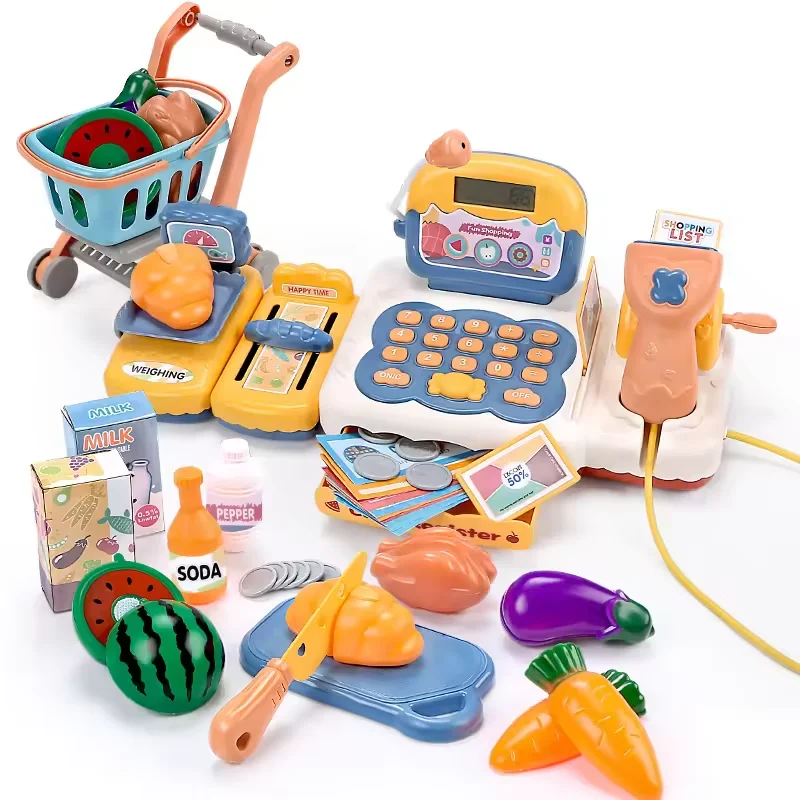 Plastic Play Supermarket Set Toy Cashier Set Electronic Children Cash Register Toy With Light And Music