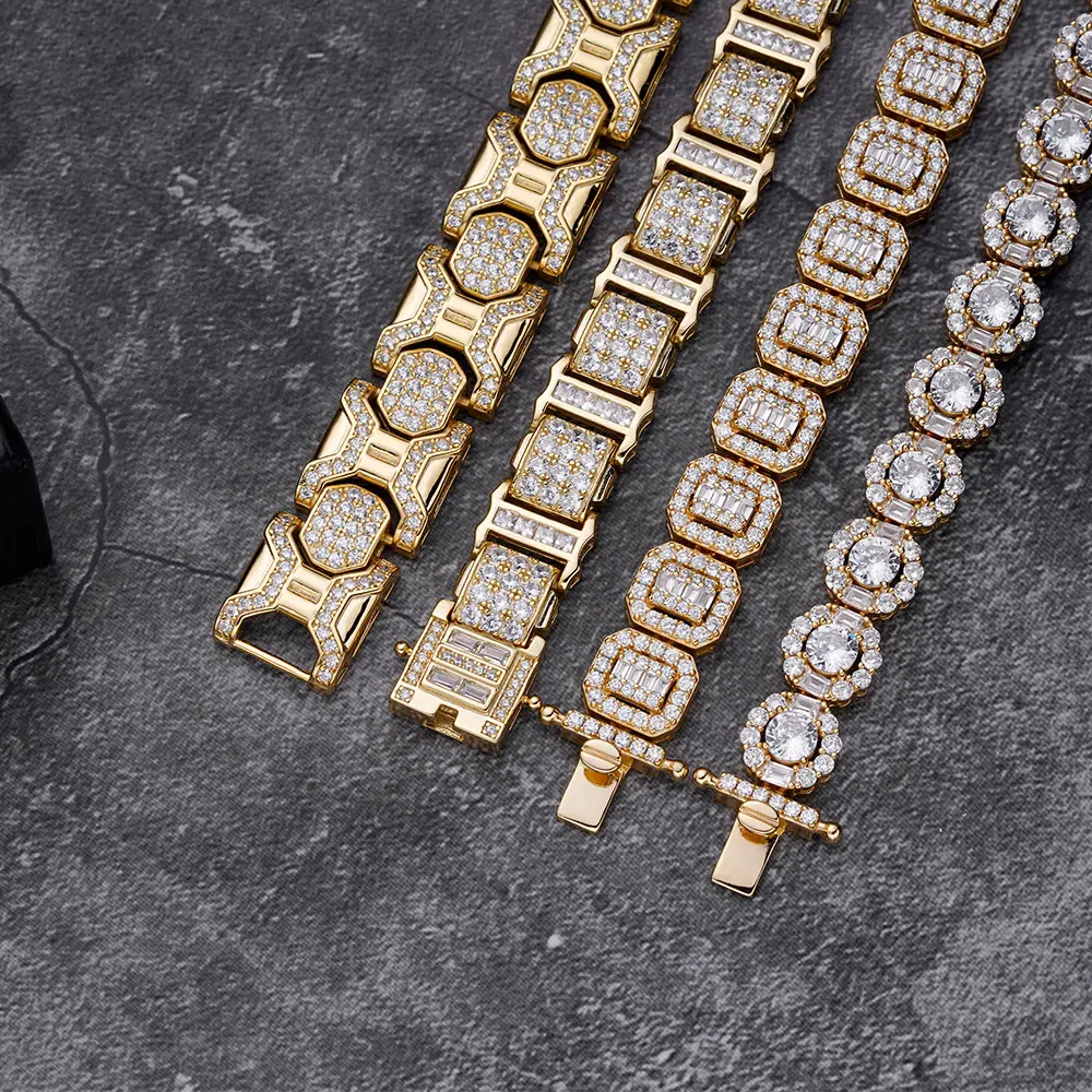 Hip Hop Jewelry 9.5mm Iced Out Zircon Diamond Bling Cluster Circle 925 Sterling Silver Tennis Chain Round Bracelet for men