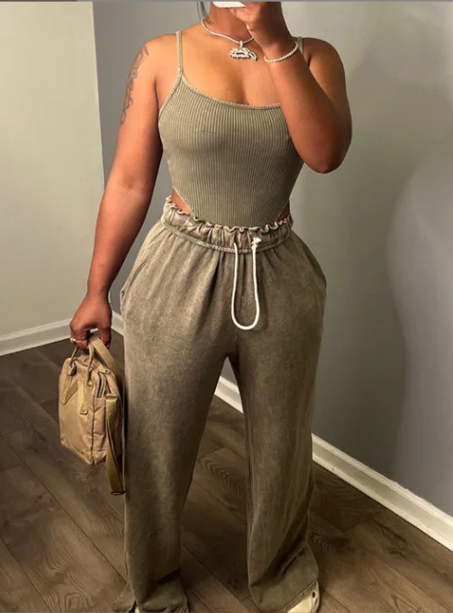 Casual Lounge Set Women Fall Clothes 2023 Sleeveless Tank Tops Two Piece Pants Set XS-XL Ladies Drawstring Wide Leg Pants Set