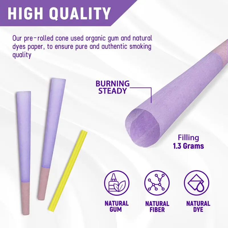 Factory Price Slow Burning 200 Pack Rolling Paper For Smoking 100% Organic Arabic Gum Purple 14G Hemp Pre Rolled Cone