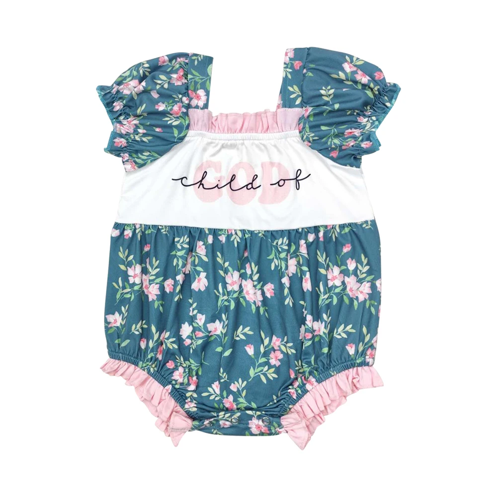 SR1940 colorful flowers blue print small flying sleeve onesie Child of God baby romper for baby clothes boutique high quality