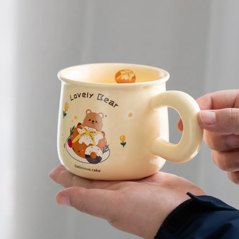 Cute Morning Coffee Mug 395ml/14oz Kawaii Bear Pattern Household Ceramics Latte Milk Tea Cup for Boys Girls Kids  Home Family