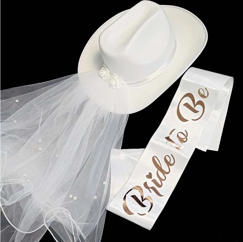 Go Party 2Pcs/Set Bachelorette Wedding Party Bridal Shower Pearl Veil White Cowboy Hat Bride to Be Sash Cowgirl Hat Set