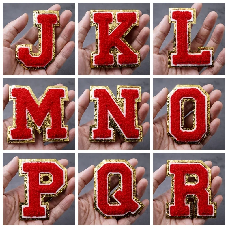 Fashion Style 8CM Height Chenille  Red  Glitter English Letters Iron on Patches For Clothing Letter Embroidery Clothes Applique