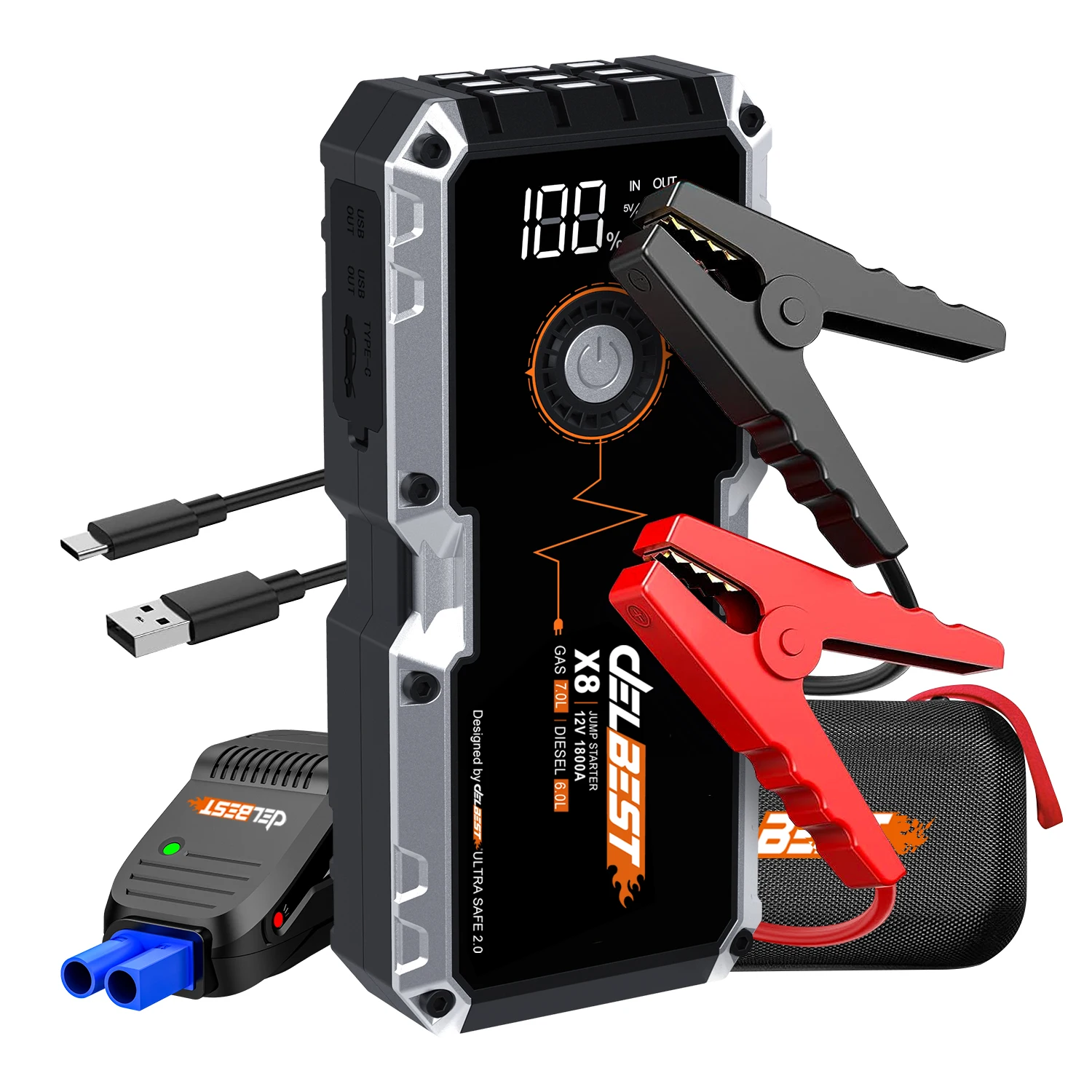 12V  Rushed  20800mAh 900A/1800A emergency multi-function  portable car jump starter with air compressor