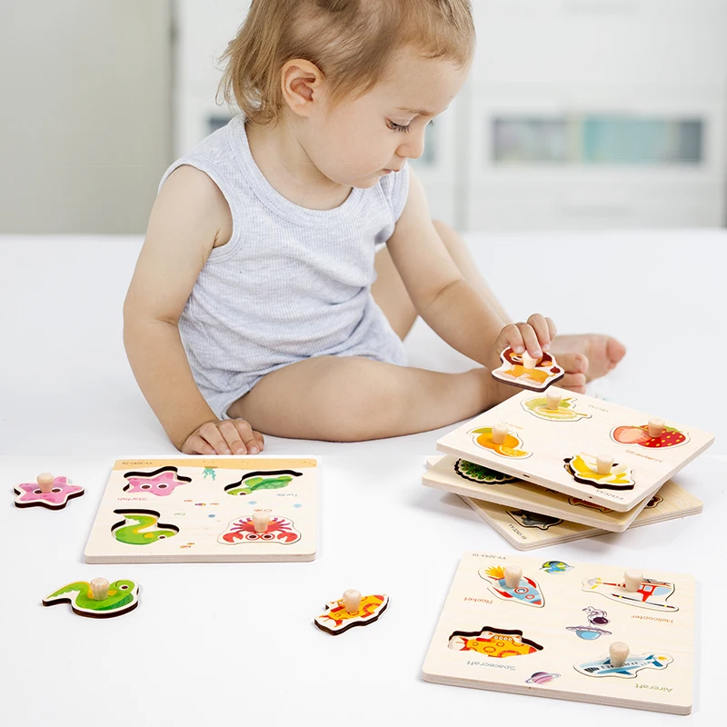 Wooden Mini Cartoon Animal Vehicle Pegged Puzzles Early Educational Learning Toys Baby Montessori Plywood For Kids Boys Girls