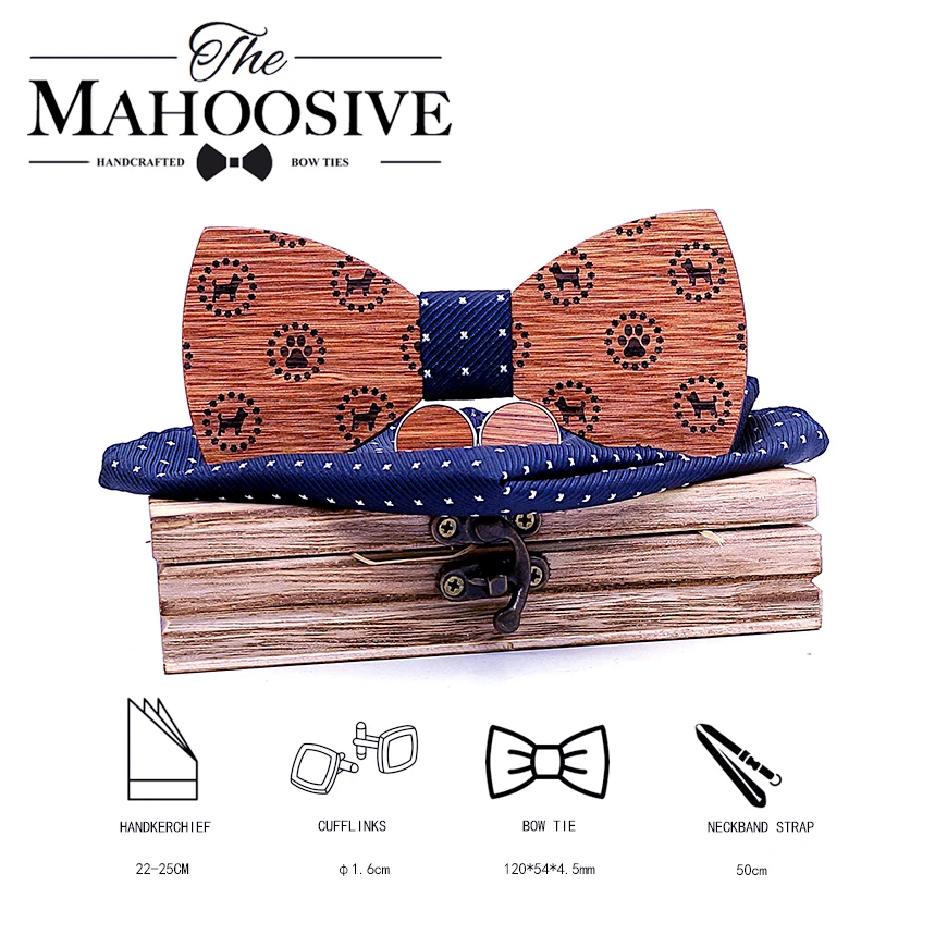 Wooden Dog Engraving Bow Tie Men High Quality Wooden Bow Ties Classic Business Butterfly Solid Wood Cufflinks Hanky Sets