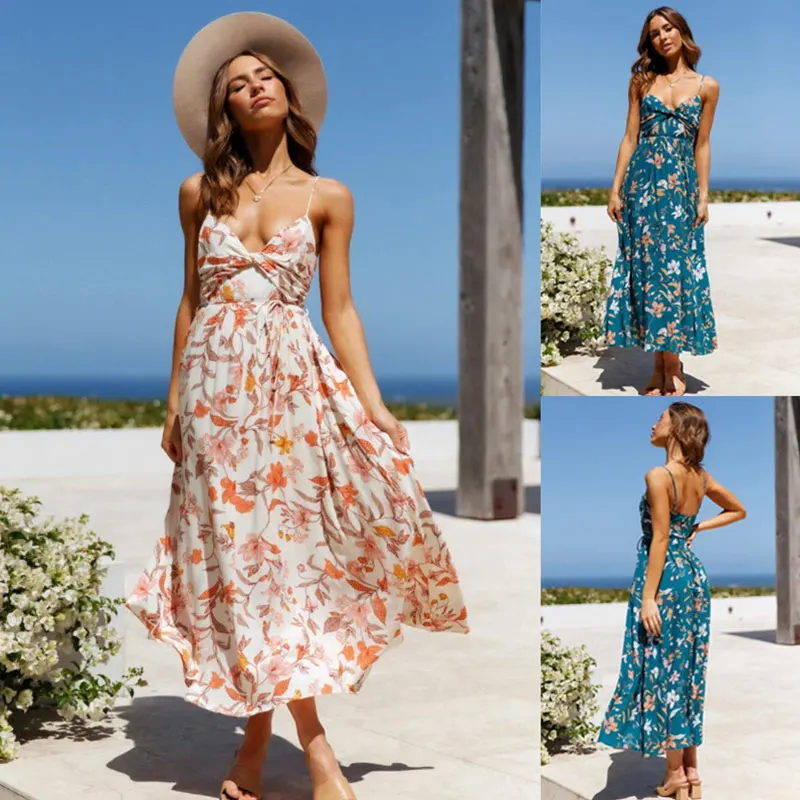 2022 New Design Digital Floral Print cold shoulder garden dress Floral Boho women elegant summer casual dresses