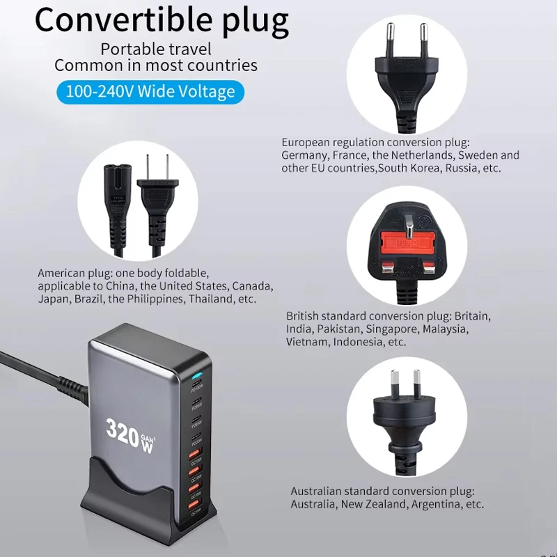 320W USB C Charger Type C PD 100W 65W GaN Fast Charging 4 USB-C+4 USB-A 8 Ports Desktop Charger Station for Phone Tablet Laptop