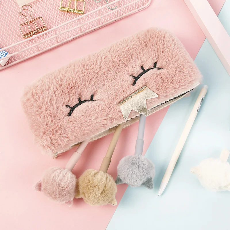 Feiyou New INS fashion hot selling girls kawaii cute plush zipper pouch fluffy pencil case with crown