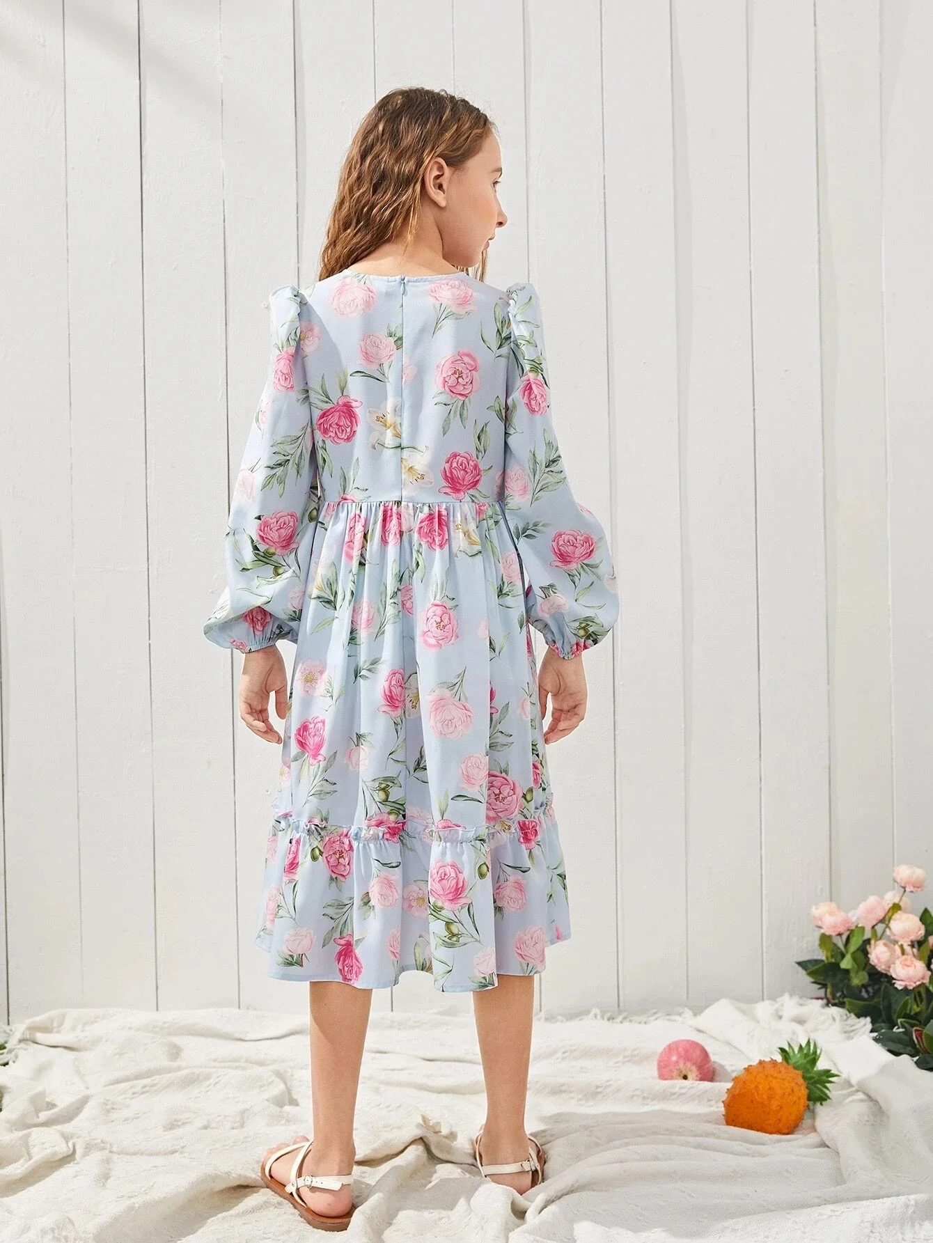 KY Floral Print Lantern Sleeve Ruffle Hem dress mother and daughter matching dresses for girls