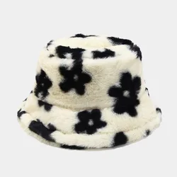 K1913 Winter Flower Bucket Hat Women Fashion Faux Fur Hats Reversible Bob Chapeau Femme Panama Fluffy Fisherman Hat