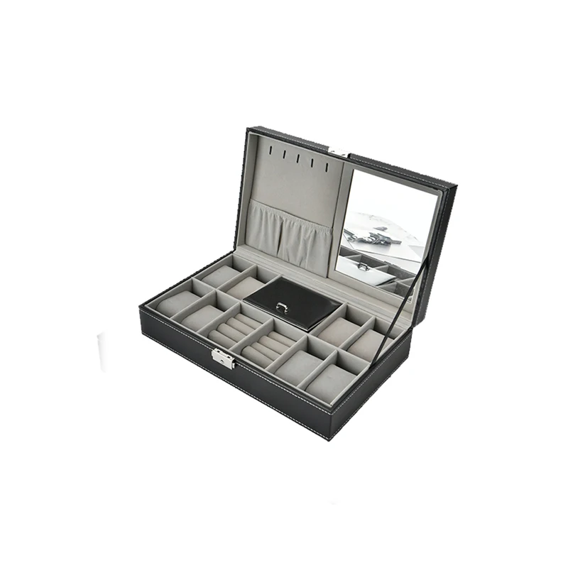 wholesale luxury black leather watch jewellery packaging box portable ring watch organizer box with mirror