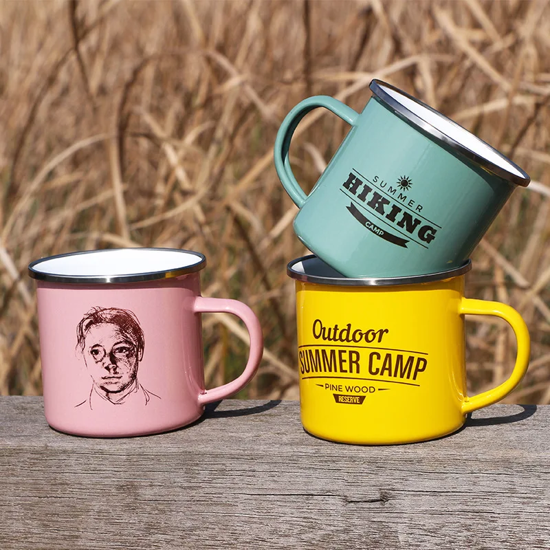 Wholesales Reusable Silver Rim Metal Steel Tin Sublimation Blank Coffee Tea Cup Custom Logo Enamel Camping Mug With Handle