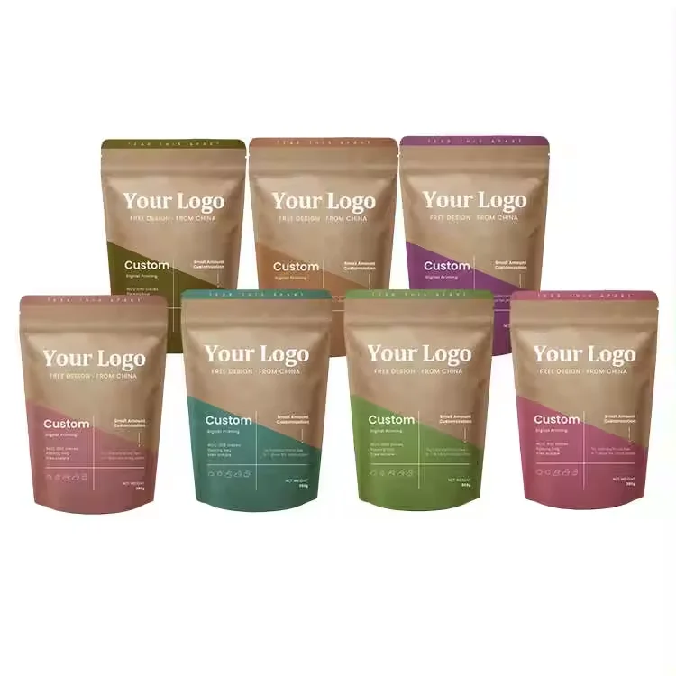 Zipper Top Custom Printed Biodegradable Zipper Food Packaging Pouch Flat Bottom Kraft Paper Coffee Tea Bag